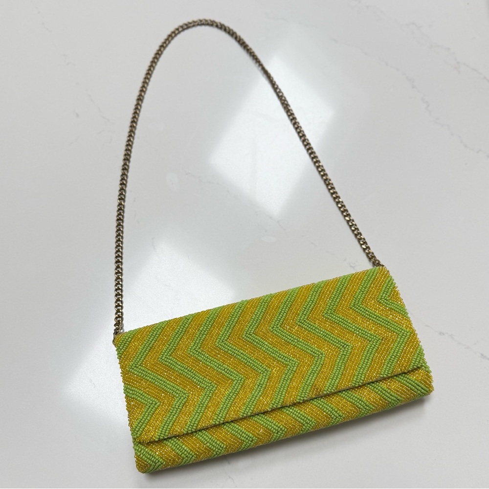 MOYNA Hand-Beaded Green & Yellow Chevron Clutch | Summer Statement Evening Bag